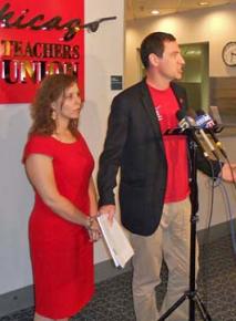 Officers of the Chicago Teachers Union speak out against a supposed vote in three schools to waive the contract