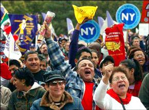 Protesters join in the final rally in Queens at the end of the Immigrant Workers Freedom Rides